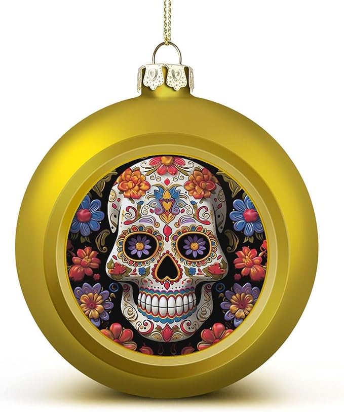 Sugar Skulls Christmas Ball Ornaments 1.6 Inch Golden Shatterproof Plastic Decorative Hanging Ornaments Festive Baubles Decorations Xmas Ornament for Tree Holiday Party Home Decor - sugar skull christmas decorations