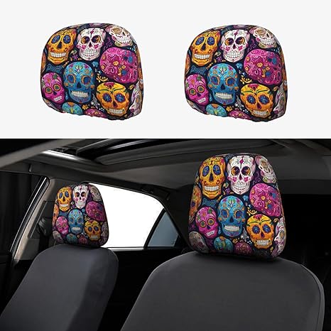 1 PCS Car Headrest Covers Stretch Breathable Cars Head Rest Protector Sugar Skulls Headrest Covers for Cars Elastic Seat Head Rest Cover Car Accessories Universal Dust Cover for Truck SUV - sugar skull car seat covers set