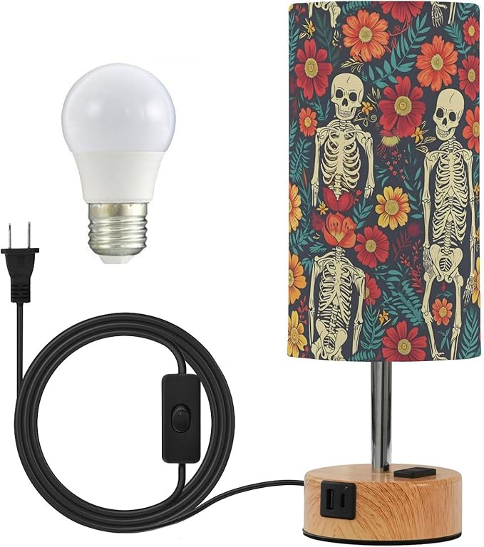 ALAZA Bedside Table Lamp Skull Skeleton Sugar Flower Touch Lamp for Bedroom 3 Way Dimmable Nightstand with USB Charging Ports Living Room, LED Bulb Included - sugar skull table lamp