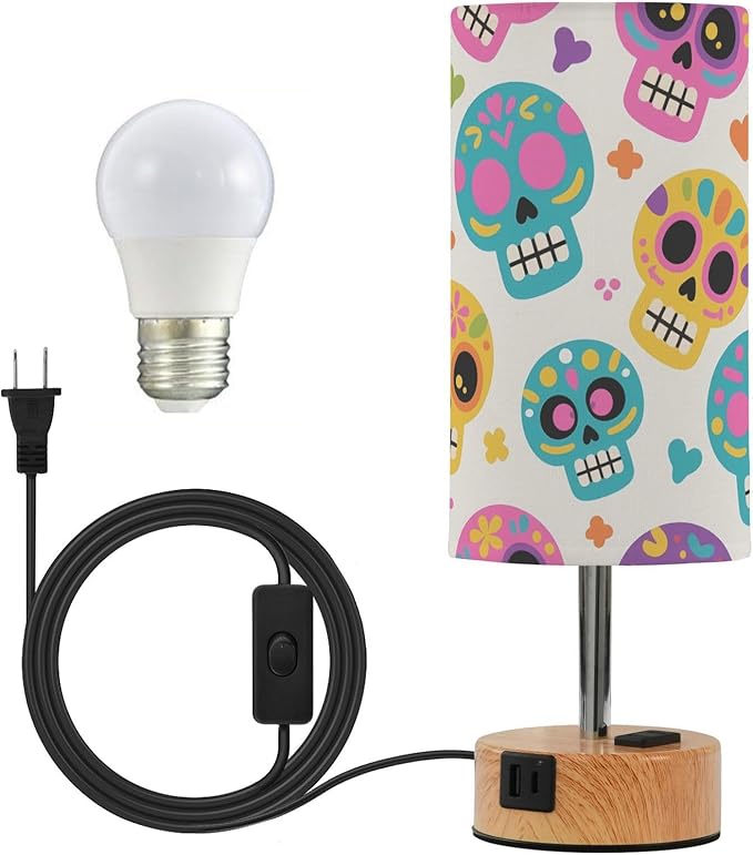 ALAZA Bedside Table Lamp Skull Skeleton Sugar Yellow Touch Lamp for Bedroom 3 Way Dimmable Nightstand with USB Charging Ports Living Room, LED Bulb Included - sugar skull table lamp