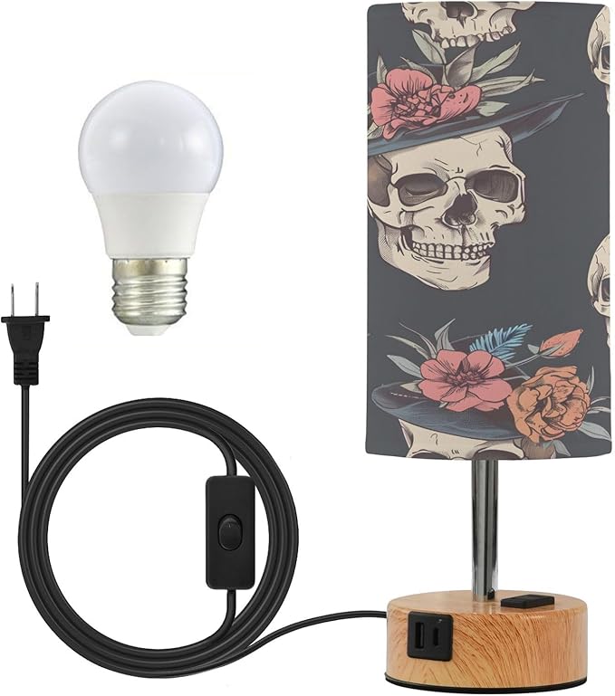 ALAZA Bedside Table Lamp Skulls Skeleton Sugar Floral Hat Touch Lamp for Bedroom 3 Way Dimmable Nightstand with USB Charging Ports Living Room, LED Bulb Included - sugar skull table lamp