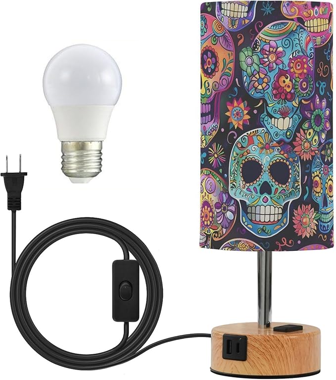 ALAZA Bedside Table Lamp Skulls Skeleton Sugar Mexico Touch Lamp for Bedroom 3 Way Dimmable Nightstand with USB Charging Ports Living Room, LED Bulb Included - sugar skull table lamp