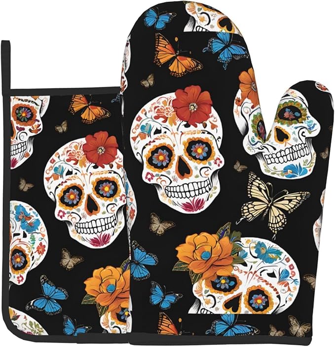 Sugar Skulls Oven Mitts and Pot Holders Set of 2 Kitchen Mitts Oven Gloves Vintage Hot Pads Non-Slip Heat-Resistant for Chef Baking Cooking Grilling BBQ Thanksgiving Christmas Chef Gift - sugar skull oven mitts