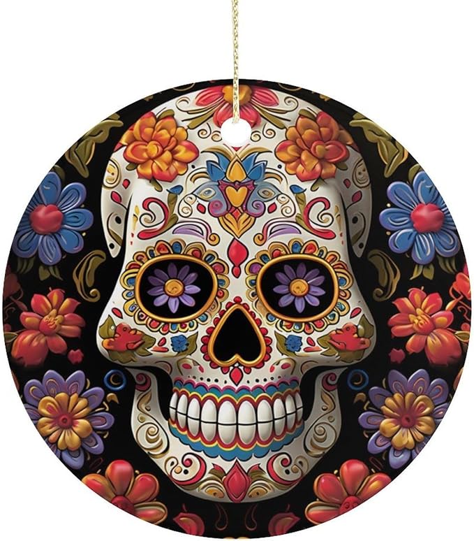 Funny Christmas Decorations Hanging Sugar Skulls Round Christma Ceramic Ornament Double Sided Christma Ornaments Xmas Tree Decoration for Christmas Tree Outdoor Gift - sugar skull christmas decorations