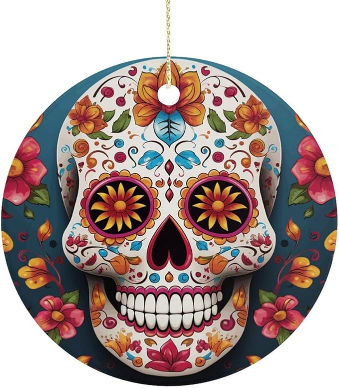 Funny Christmas Decorations Hanging Colorful Sugar Skull Round Christma Ceramic Ornament Double Sided Christma Ornaments Xmas Tree Decoration for Christmas Tree Outdoor Gift - sugar skull christmas decorations