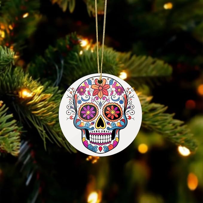 Sugar Skull Christmas Ornaments - Farmhouse Xmas Hanging Ornaments for Christmas Tree Decorations, Rustic Holiday Circular Pendant Decor and Gift Party Tags - sugar skull christmas decorations