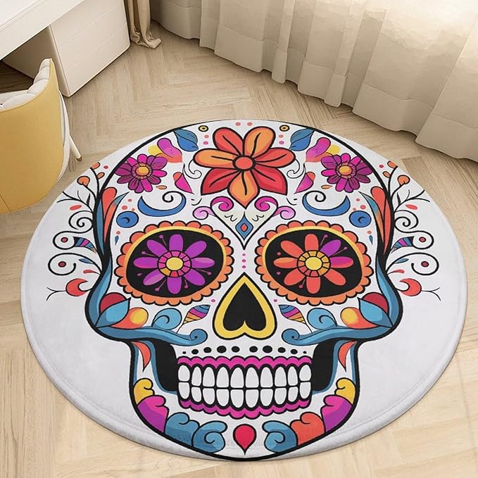 Sugar Skull Round Area Rug - Non-Slip Circle Doormat for Entryway, Washable Low-Profile Throw Rugs for Living Room, Bedroom, Office, Kitchen, Stain Resistant Floor Mat 60 * 60cm - sugar skull floor mat