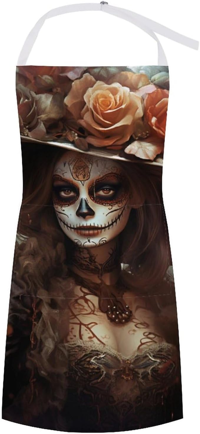 OBLUE Hamburger Apron for Women With Pocket Kitchen Chef Apron for Men Cooking 31.5X27.6 Inches - sugar skull apron for women