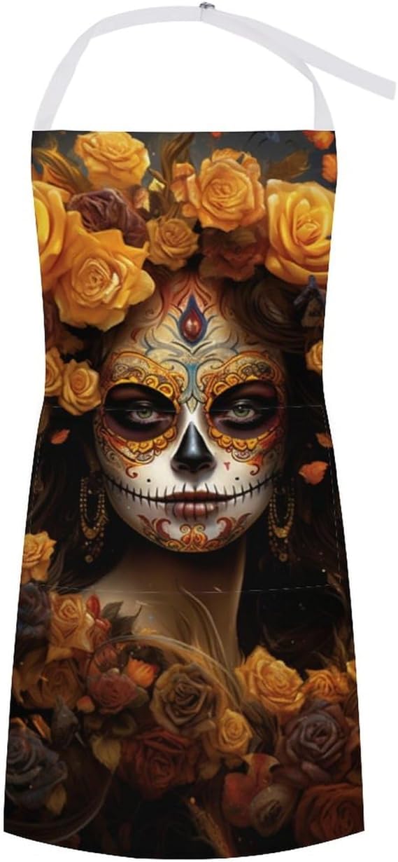 OBLUE Watercolor Macaron Flower Bow Apron for Women With Pocket Kitchen Chef Apron for Men Cooking 31.5X27.6 Inches - sugar skull apron for women