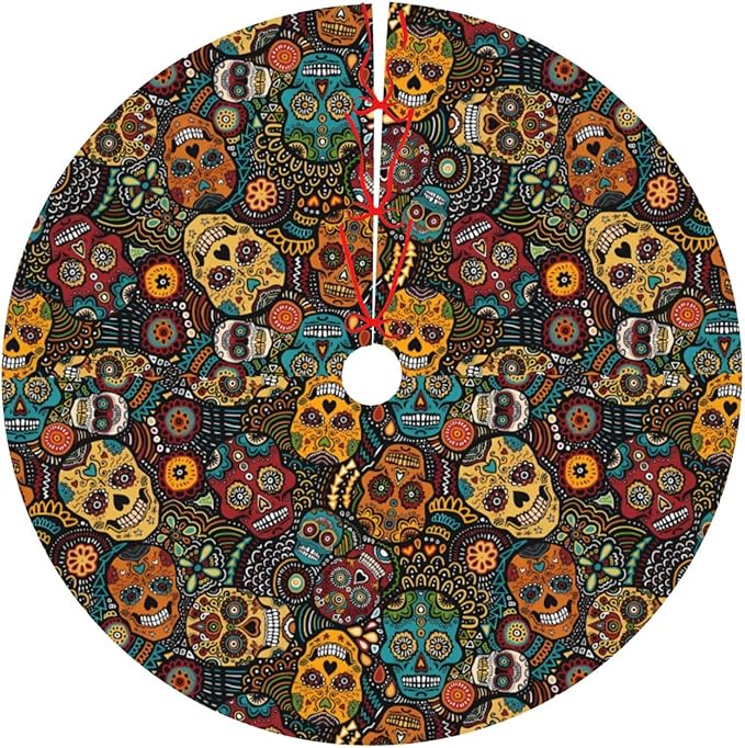 36" Christmas Tree Skirt, Sugar Skull Print Print Holiday Tree Apron Xmas Tree Mat, Floor Protects Decor - sugar skull floor mat