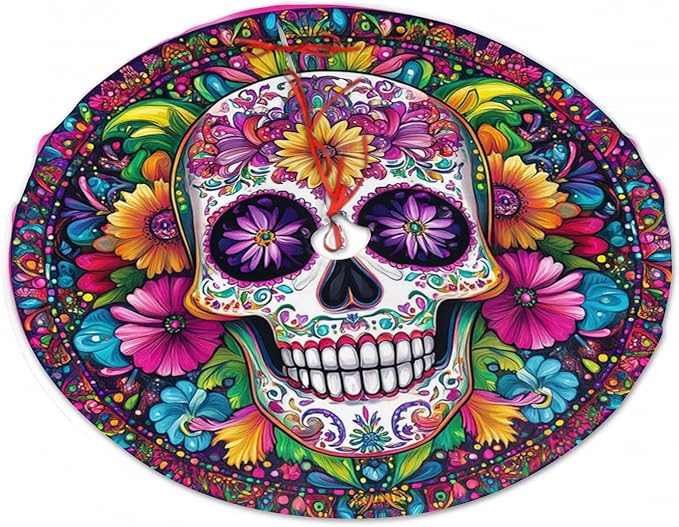 36 Inch Christmas Tree Skirts, Festive Xmas Decorations for Indoor Outdoor Use, Colorful Sugar Skull with Flowers Christmas Tree Mat for Festival Celebrations - sugar skull christmas decorations