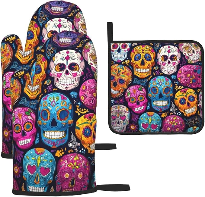 Oven Mitts and Pot Holders Set 3 Piece Kitchen Gloves Potholders Sugar Skulls Oven Mitts Heat Resistant Non Slip Oven Gloves Hot Pads for Cooking Baking Grilling Home Decor - sugar skull oven mitts