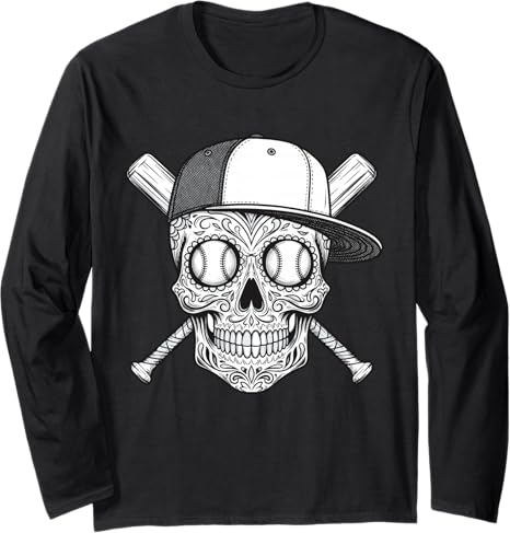 mexican sugar skull baseball - sugar skull long sleeve shirt mens