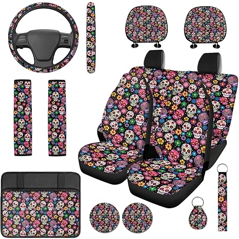 Bulopur Floral Sugar Skull Car Seat Covers Front and Backseat with Matching Console Armrest Cushion Steering Wheel Cover Seat Belt Cushion Pad Headrest Covers 14 Piece Automotive Interior Decor Set - sugar skull car pet seat cover