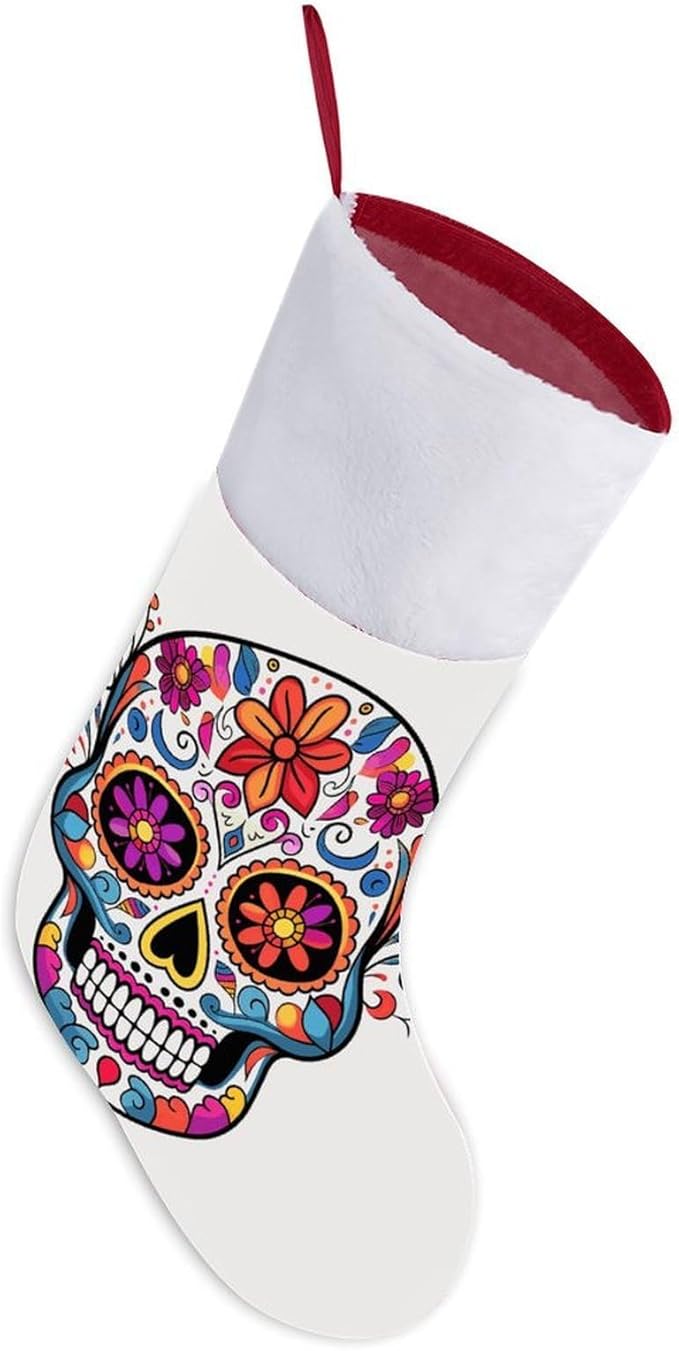 Sugar Skull Christmas Stockings 18 Inch Large Hanging Stocking with White Plush Cuff Xmas Stocking Fireplace Hanging Stockings Gift for Family Holiday Party Decoration - sugar skull christmas decorations