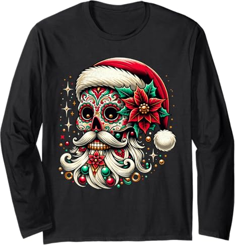 Mexican Christmas Sugar Skull Santa Xmas Men Women - sugar skull long sleeve shirt mens