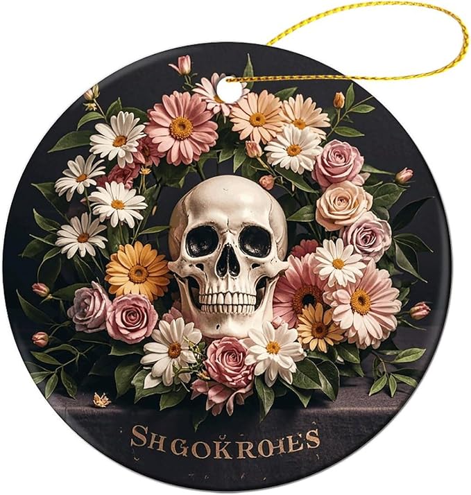 Bonsai Tree Sugar Skull Christmas Ornament for Christmas Tree Decor Holiday Decorations Xmas Ceramic Decoration Round Hanging Decorations for Home Xmas Party Decors 4 Piece - sugar skull christmas decorations