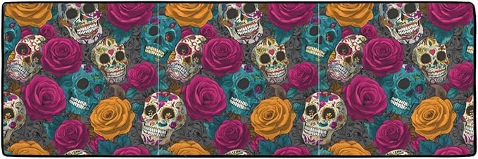 Sugar Skulls and Roses Pattern Kitchen Mats for Floor, Kitchen Rugs Non Slip Washable, 48"x16" Super Absorbent Kitchen Runner Rug, Kitchen Floor Mat Front of Sink - sugar skull floor mat