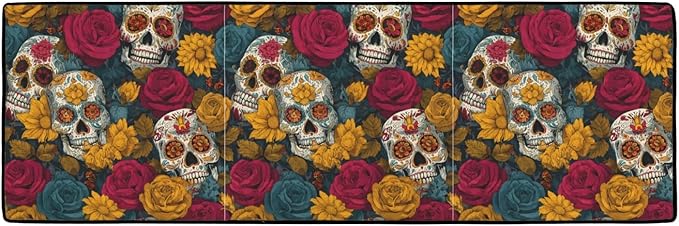 Sugar Skulls and Roses Kitchen Mats for Floor, Kitchen Rugs Non Slip Washable, 48"x16" Super Absorbent Kitchen Runner Rug, Kitchen Floor Mat Front of Sink - sugar skull floor mat