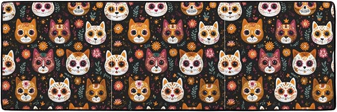 Cute Sugar Skull Cats Pattern Kitchen Mats for Floor, Kitchen Rugs Non Slip Washable, 48"x16" Super Absorbent Kitchen Runner Rug, Kitchen Floor Mat Front of Sink - sugar skull floor mat