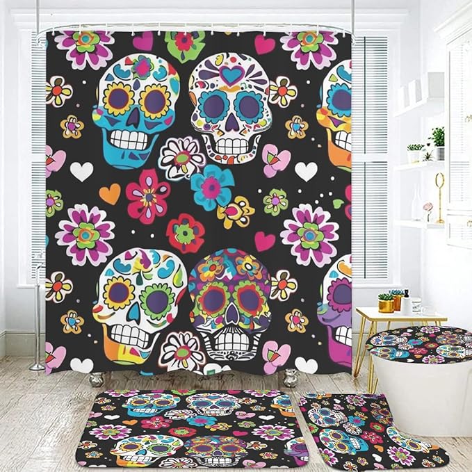 Sugar Skull Bathroom Shower Curtain Set, 4-Piece with Waterproof Shower Curtain 71x71, Bath Mat, Contour Rug, Toilet Lid Cover, Day of The Dead Pattern - sugar skull toilet mat set