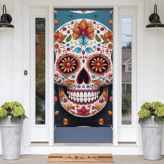 Christmas Door Cover Colorful Sugar Skull Christmas Decorations Welcome Front Door Banner Backdrop Seasonal Porch Hanging Banner for Xmas Home Party Outdoor 70.9 × 35.4 Inches - sugar skull christmas decorations