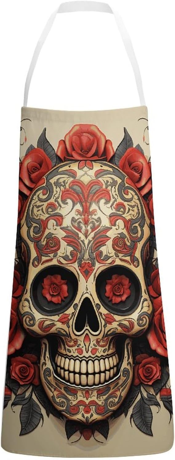 Red Rose Sugar Skull Apron Adjustable Bib Apron Cooking Kitchen Aprons Unisex Chef Aprons Waiter Pinafore for Women Men - sugar skull apron for women