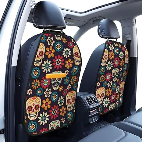 Halloween Ghost Sugar Skull Anti-Kick Storage Mat for Car Seats 2 Pcs Rear Kick Pads for Car Seats are Auto Parts - sugar skull car floor mats