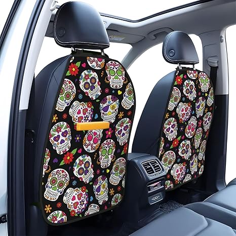 Day of The Dead Sugar Skull Anti-Kick Storage Mat for Car Seats 2 Pcs Rear Kick Pads for Car Seats are Auto Parts - sugar skull car floor mats