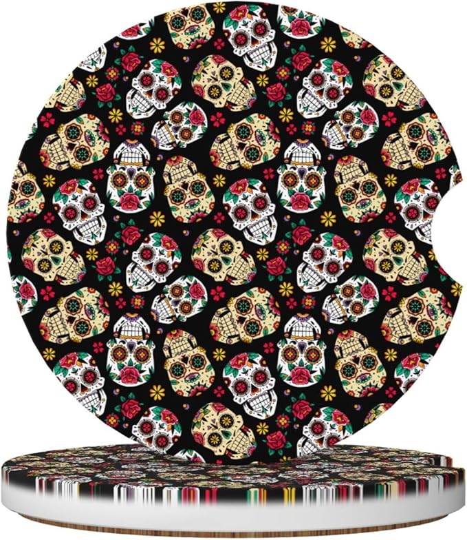 Rose Sugar Skull Car Cup Coasters, Universal Waterproof and Non-Slip Cup Holder Mats 2 Pack, Spill-Proof Insert Liners for Most Automotive Vehicles - sugar skull car floor mats