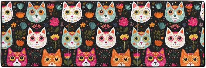 Sugar Skull Cats Pattern Kitchen Mats for Floor, Kitchen Rugs Non Slip Washable, 48"x16" Super Absorbent Kitchen Runner Rug, Kitchen Floor Mat Front of Sink - sugar skull floor mat
