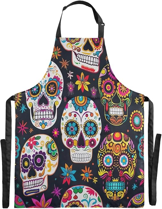 Beautiful Sugar Skull Apron Adjustable Chef Aprons Kitchen Cooking Bib Aprons for Women Men with 2 Pockets - sugar skull apron for women