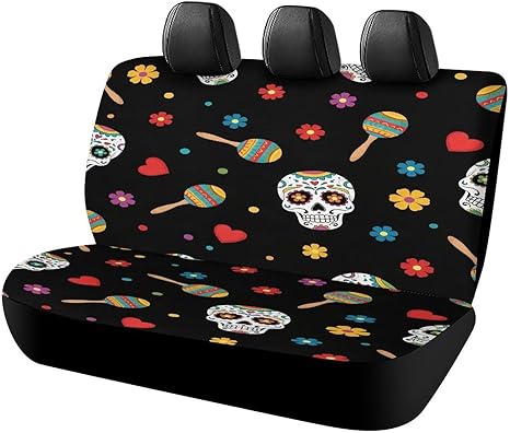 Sugar Skulls Maracas Flowers Hearts Car Back Seat Cover Durable Soft Car Bench Split Seat Covers Rear Car Accessories Decoration for Women Men Universal Fit Most Trucks Van - sugar skull car pet seat cover