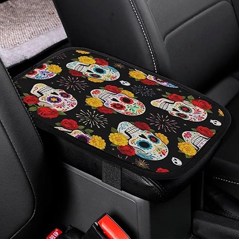 Sugar Skulls Flowers Car Center Console Decor Handrail Armrest Box Cushion Interior Covers Car Protector Pad Lid Cover Accessories Universal Fit for Auto Truck Vehicles - sugar skull car pet seat cover