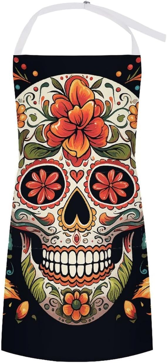 Colorful Sugar Skull Bib Apron with Pocket for Men Chef, Kitchen Cooking Aprons for Women, Adjustable Neck Long Ties Cook Baking Apron for BBQ Crafting Outdoors, Dining Room Server - sugar skull apron for women