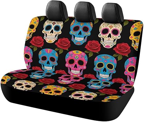 Universal Car Back Seat Cover with Elastic Design, Sugar Skulls Car Seat Cover Non-Slip Vehicles Backseat Protector Washable Rear Bench Cover for Pets, Easy to Install - sugar skull car seat covers set