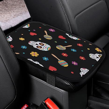 Sugar Skulls Maracas Flowers Hearts Car Center Console Decor Handrail Armrest Box Cushion Interior Covers Car Protector Pad Lid Cover Accessories Universal Fit for Auto Truck Vehicles - sugar skull car pet seat cover