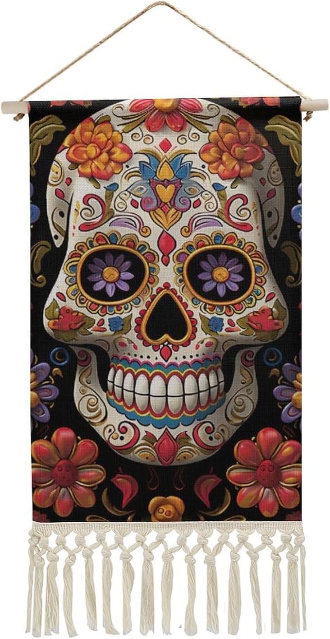 LPSADGF Sugar Skulls Poster Hanger Frame Cotton Linen Artwork Wooden Shaft Hanging Poster Posters Wall Art with Wooden Frames Wall Hanging Banner Decor for Living Room Bedroom - sugar skull poster print