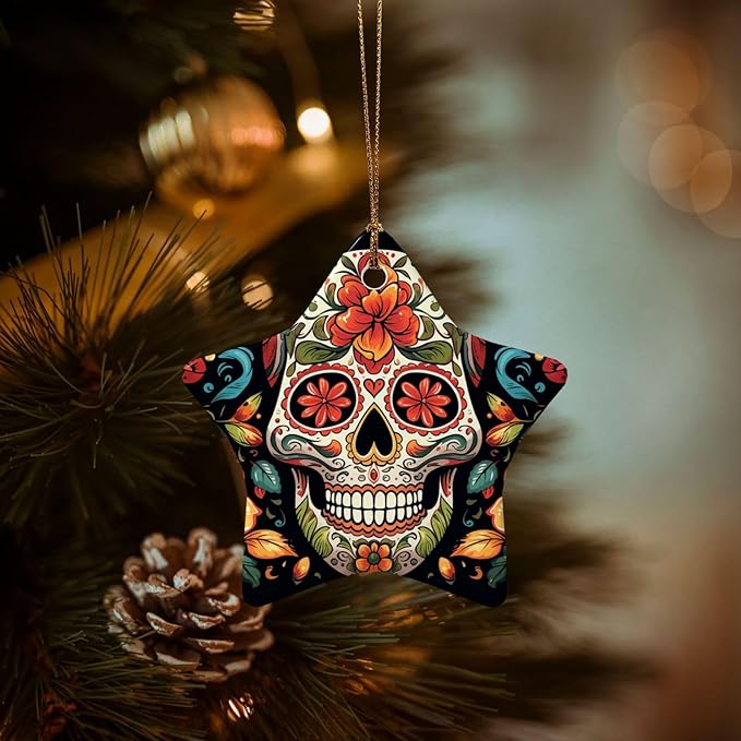 Christmas Tree Ornaments Ceramics Christmas Decorations Colorful Sugar Skull Ornaments with Gold Ribbon Porcelain Xmas Tree Crafts Star Shape Hanging Pendant for Christmas Tree Party Decor - sugar skull christmas decorations