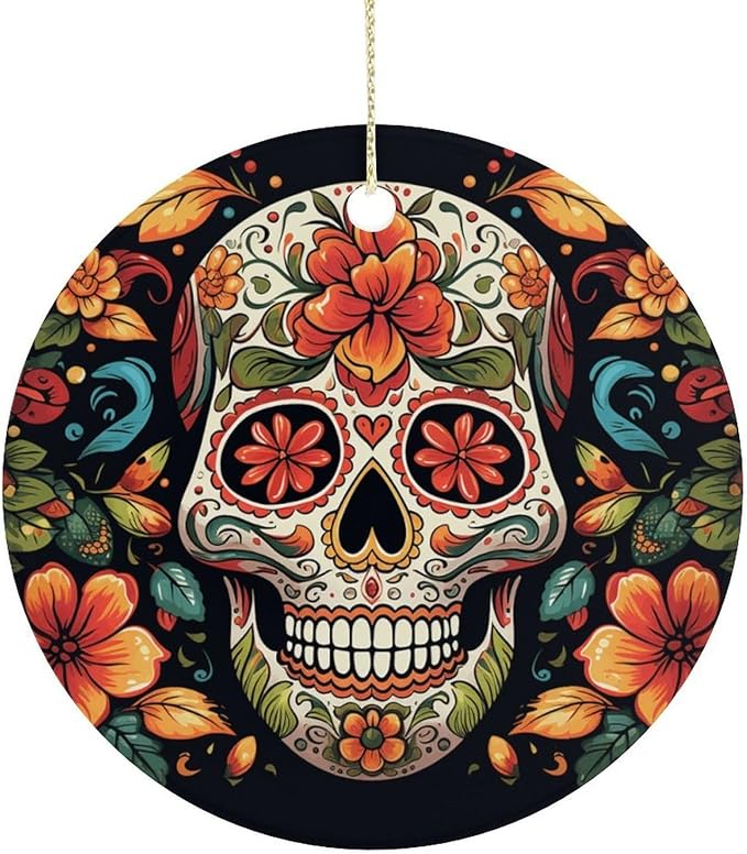 Ceramic Colorful Sugar Skull Christmas Ornament 3 Inch Round Hanging Ornaments Double Sided Holiday Tree Decoration for Xmas Wreath Gift Tag Party Favor Wedding Keepsake Souvenir Home Decor - sugar skull christmas decorations