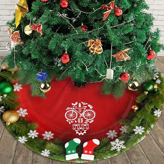 Christmas Tree Skirt Funny Bicycle Cycling Sugar Skull Christmas Decorations Soft Red Green Christmas Decor Mat for Xmas Holiday Decorations 36" - sugar skull christmas decorations