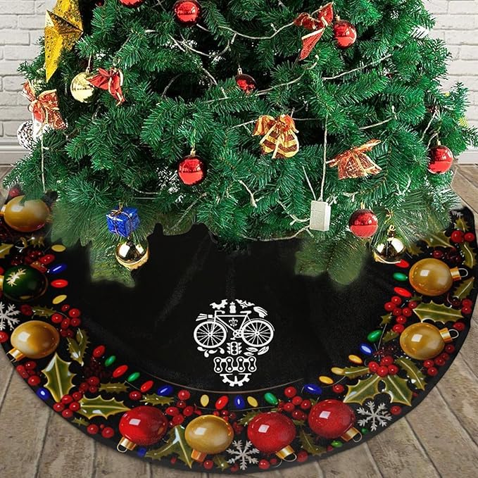 Christmas Tree Skirt Funny Bicycle Cycling Sugar Skull Christmas Decorations Soft Red Green Christmas Decor Mat for Xmas Holiday Decorations 48" - sugar skull christmas decorations