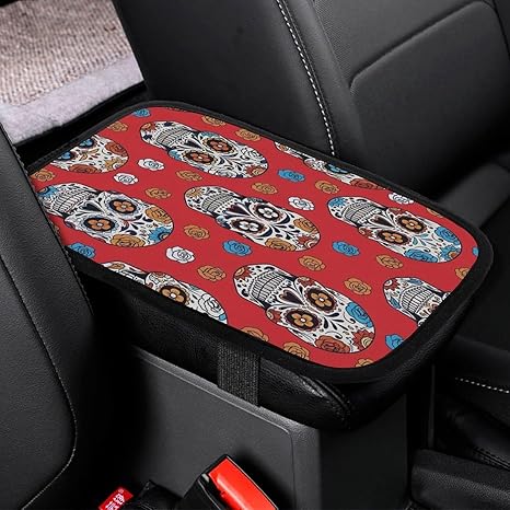 Sugar Skulls Red Car Center Console Decor Handrail Armrest Box Cushion Interior Covers Car Protector Pad Lid Cover Accessories Universal Fit for Auto Truck Vehicles - sugar skull car pet seat cover