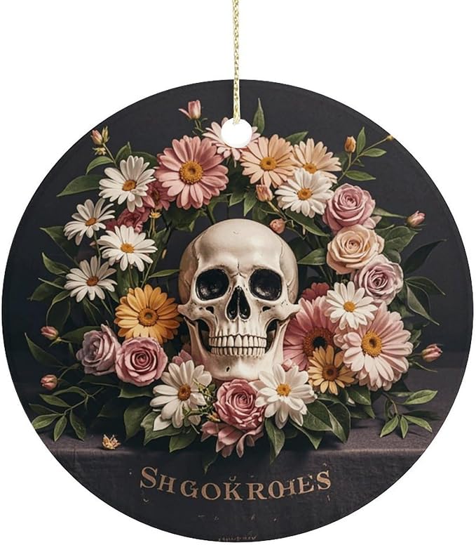 Bonsai Tree Sugar Skull Christmas Ornament for Christmas Tree Decor Holiday Decorations Xmas Ceramic Decoration Round Hanging Decorations for Home Xmas Party Decors - sugar skull christmas decorations