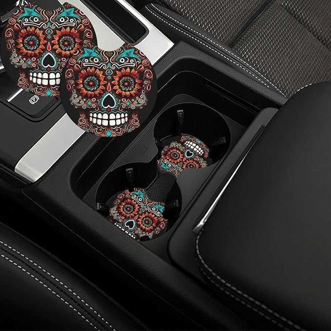 Car Cup Holder Coasters 2 Pcs Sugar Skulls Day of The Dead Car Coaster Anti Slip Cup Pad Universal Auto Interior Cup Holder Pads Rubber Car Cup Mat with A Finger Notch - sugar skull car floor mats