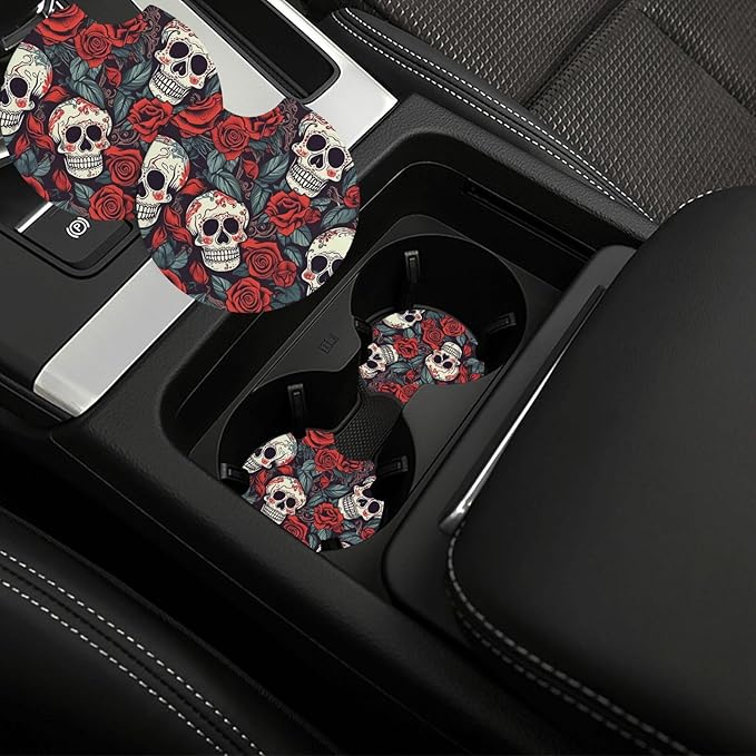 Car Cup Holder Coasters 2 Pcs Sugar Skulls and red Roses Car Coaster Anti Slip Cup Pad Universal Auto Interior Cup Holder Pads Rubber Car Cup Mat with A Finger Notch - sugar skull car floor mats