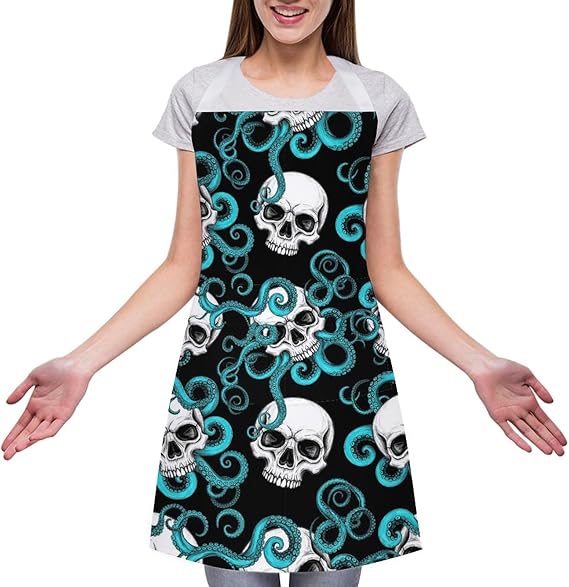 Adults Kitchen Apron with Pockets, Machine Washable Waterproof for Gardening Dishwashing - sugar skull apron for women