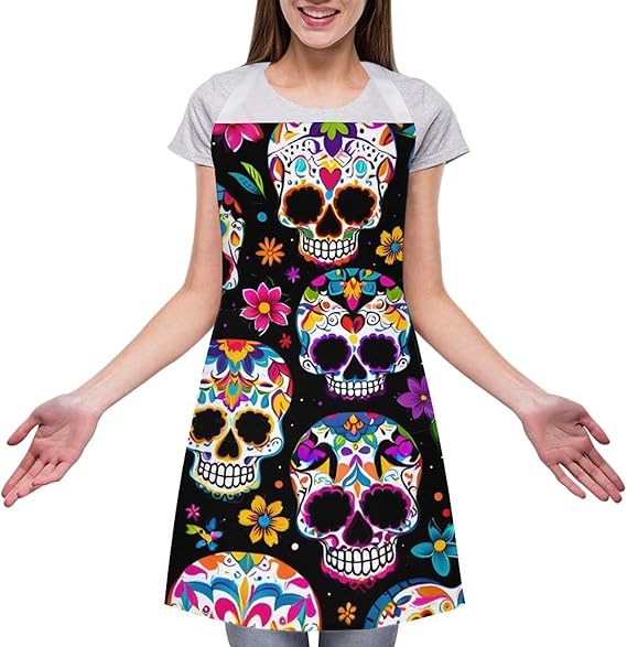 Adults Adjustable Apron with Pocket, Oil Resistant Soft Bib for Kitchen Baking Party Decor - sugar skull apron for women