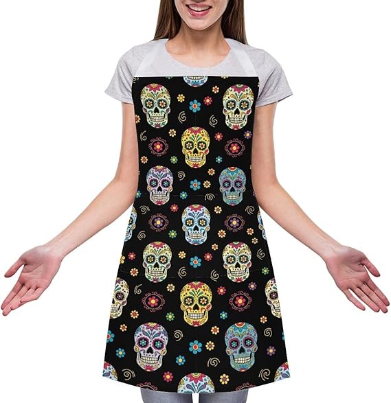 Adults Adjustable Apron with Pocket, Oil Resistant Soft Bib for Kitchen Baking Party Decor - sugar skull apron for women
