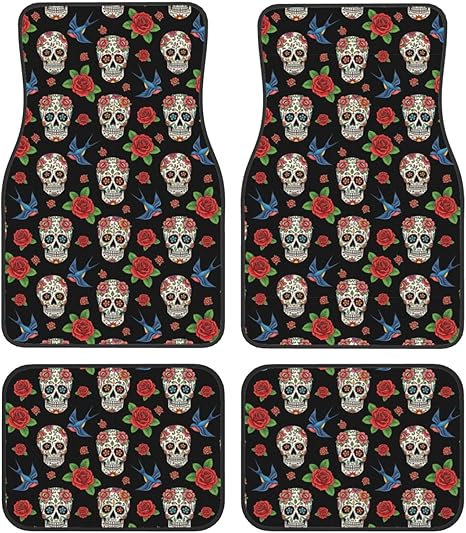 Set of 4 Anti-Slip Car Floor Mats Full Set, Heavy Duty Universal Fit for SUV, Truck and Sedan, Sugar Skulls Cars Mat Set All Weather Liners - sugar skull car floor mats